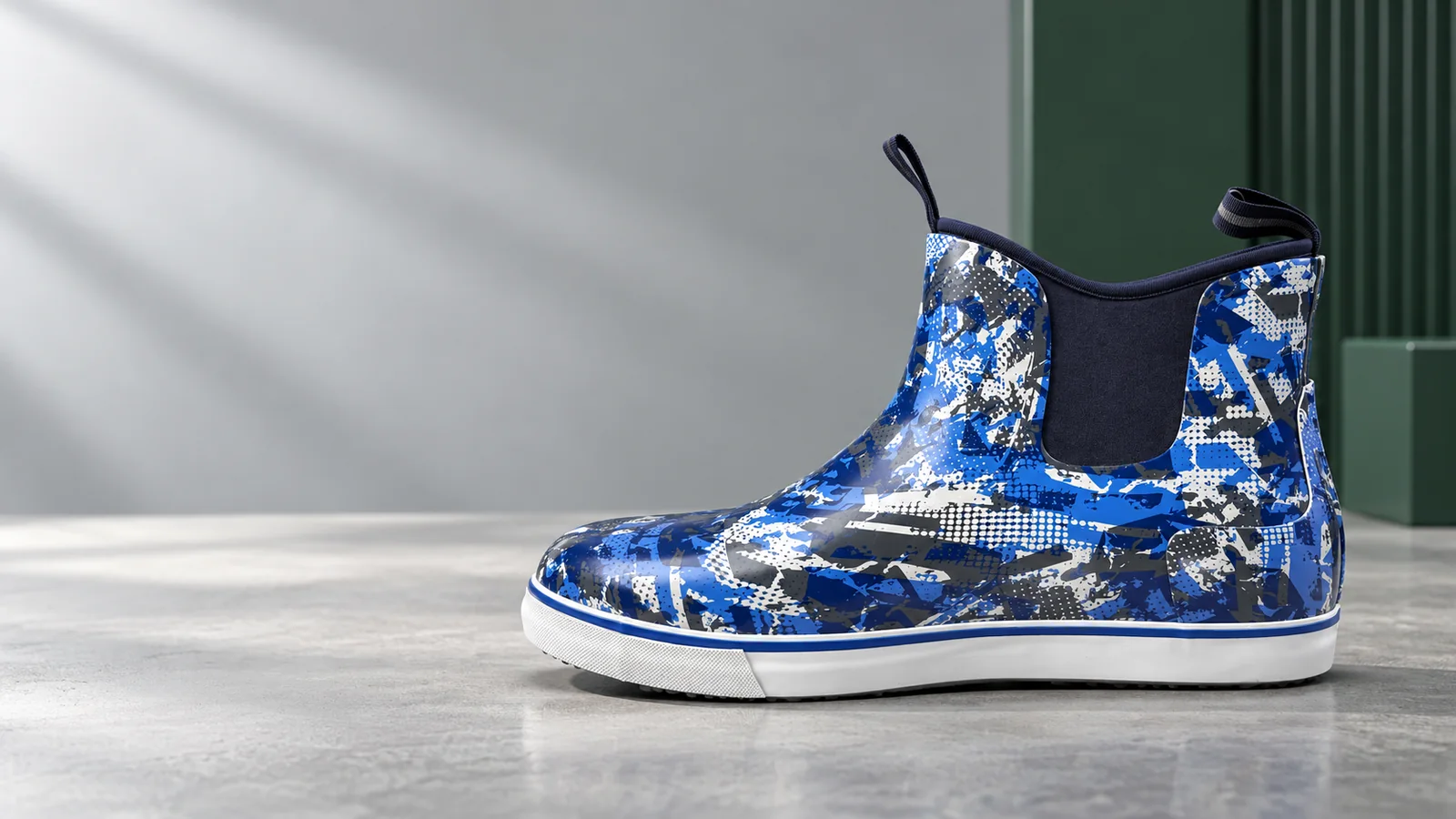 Custom blue camouflage functional boot developed for a private-label program